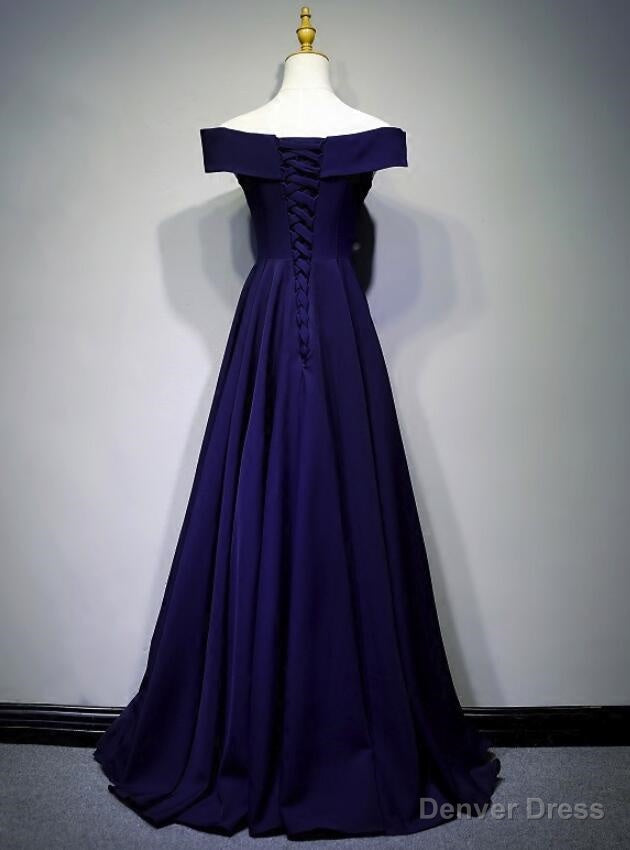 Navy Blue A Line Spandex Long Prom Dress, Off Shoulder Bridesmaid Dresses