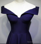 Navy Blue A Line Spandex Long Prom Dress, Off Shoulder Bridesmaid Dresses