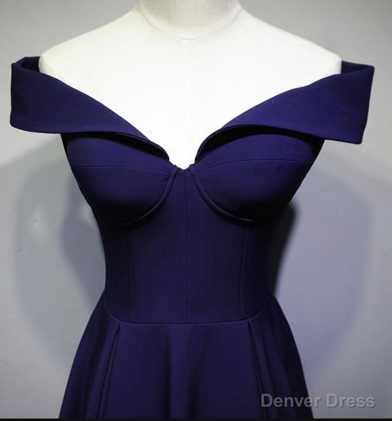 Navy Blue A Line Spandex Long Prom Dress, Off Shoulder Bridesmaid Dresses