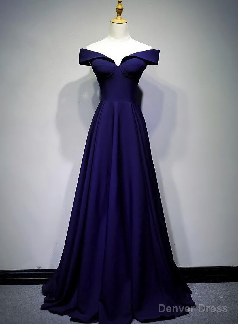 Navy Blue A Line Spandex Long Prom Dress, Off Shoulder Bridesmaid Dresses
