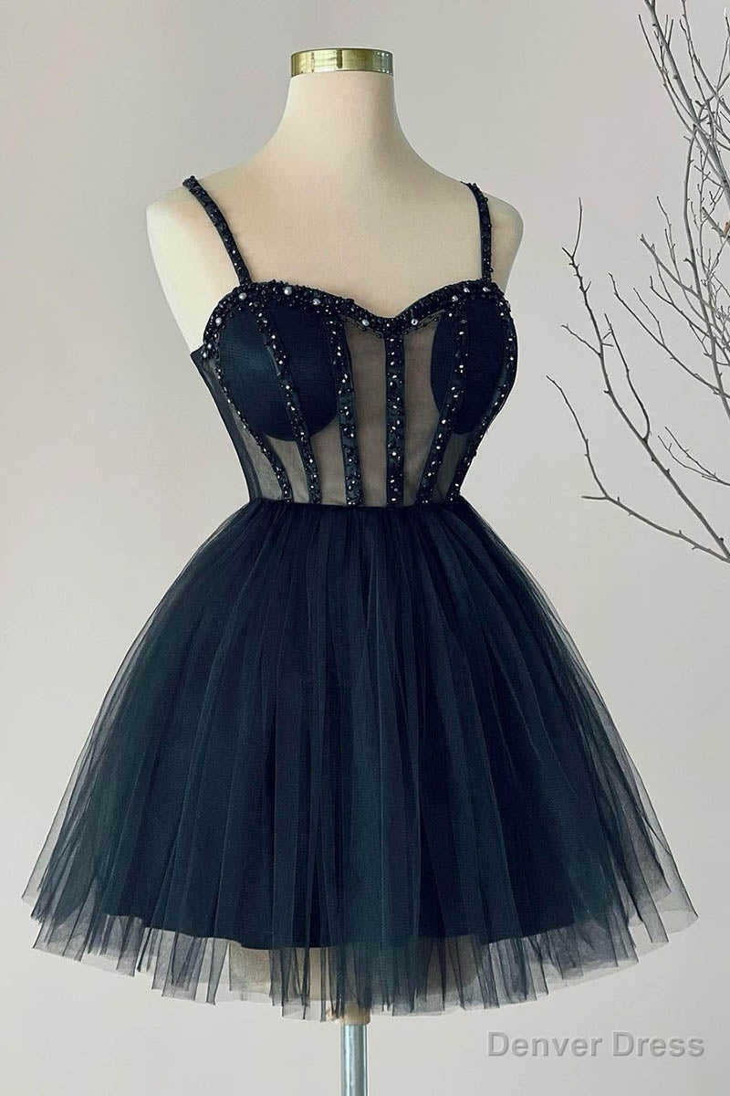 Navy Blue A line Sweetheart Tulle Beads Short Homecoming Dress Party Gown Main image