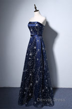 Navy Blue A-Line Tulle Long Evening Dresses, Navy Blue Prom Dresses