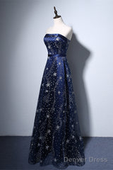 Navy Blue A-Line Tulle Long Evening Dress, Navy Blue Prom Dress