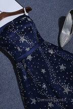 Navy Blue A-Line Tulle Long Evening Dresses, Navy Blue Prom Dresses