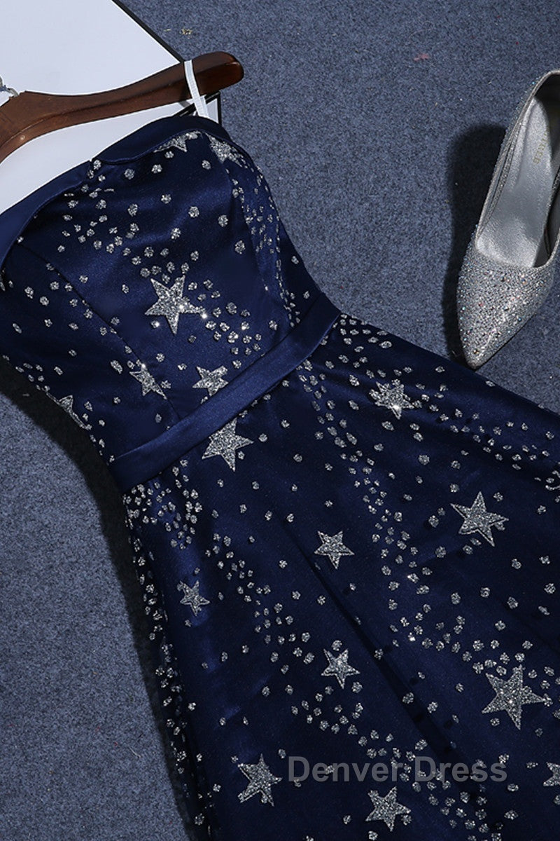 Navy Blue A-Line Tulle Long Evening Dresses, Navy Blue Prom Dresses