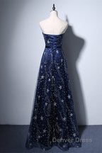 Navy Blue A-Line Tulle Long Evening Dresses, Navy Blue Prom Dresses