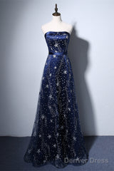 Navy Blue A-Line Tulle Long Evening Dress, Navy Blue Prom Dress