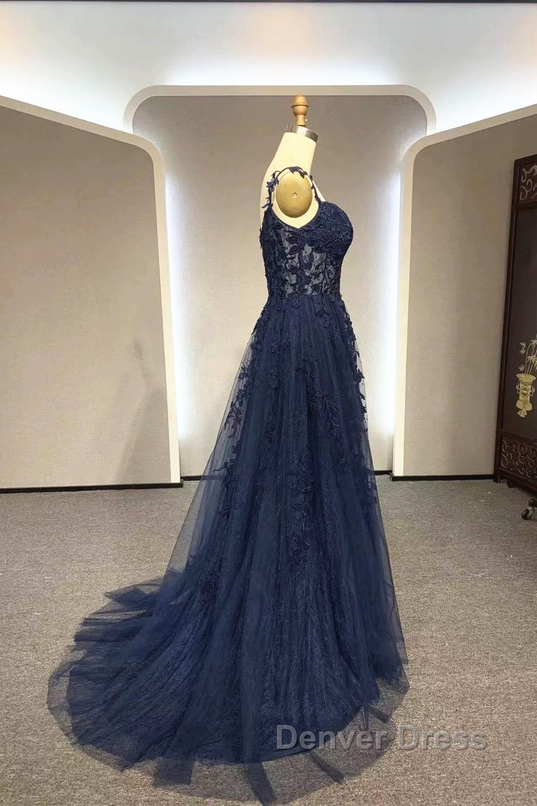 Navy Blue A-Line Tulle With Lace Prom Dresses, Navy Blue Long Party Dresses