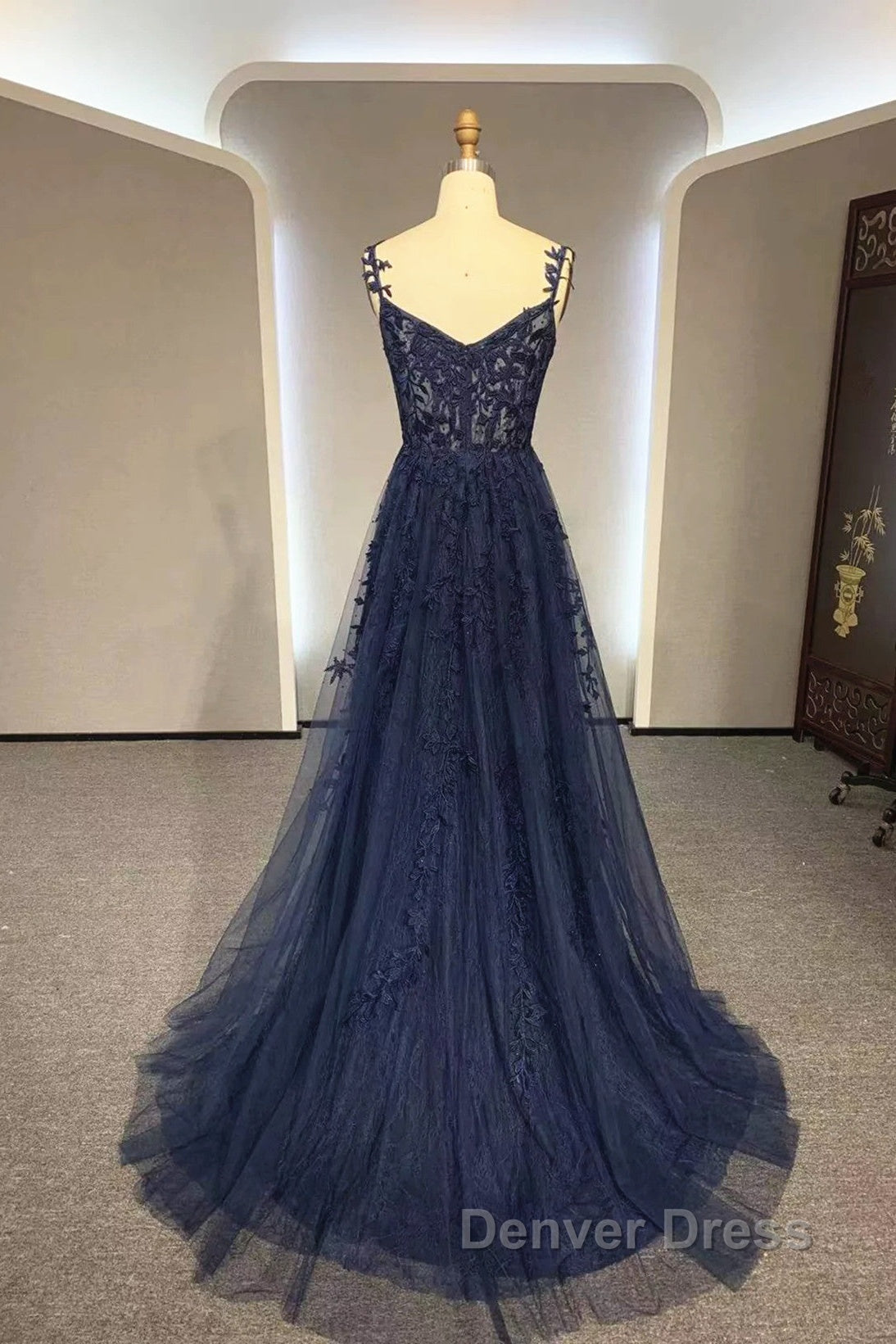 Navy Blue A-Line Tulle With Lace Prom Dresses, Navy Blue Long Party Dresses