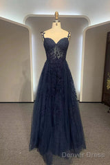 Navy Blue A-Line Tulle With Lace Prom Dress, Navy Blue Long Party Dress