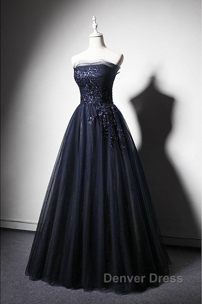 Navy Blue A-Line Tulle With Lace Scoop Long Prom Dresses, Navy Blue Evening Dresses Secondary image