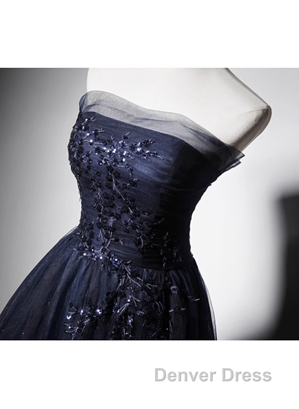 Navy Blue A-Line Tulle With Lace Scoop Long Prom Dresses, Navy Blue Evening Dresses