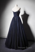 Navy Blue A-Line Tulle With Lace Scoop Long Prom Dresses, Navy Blue Evening Dresses