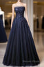 Navy Blue A-Line Tulle With Lace Scoop Long Prom Dresses, Navy Blue Evening Dresses
