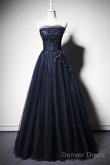 Navy Blue A-Line Tulle With Lace Scoop Long Prom Dress, Navy Blue Evening Dress