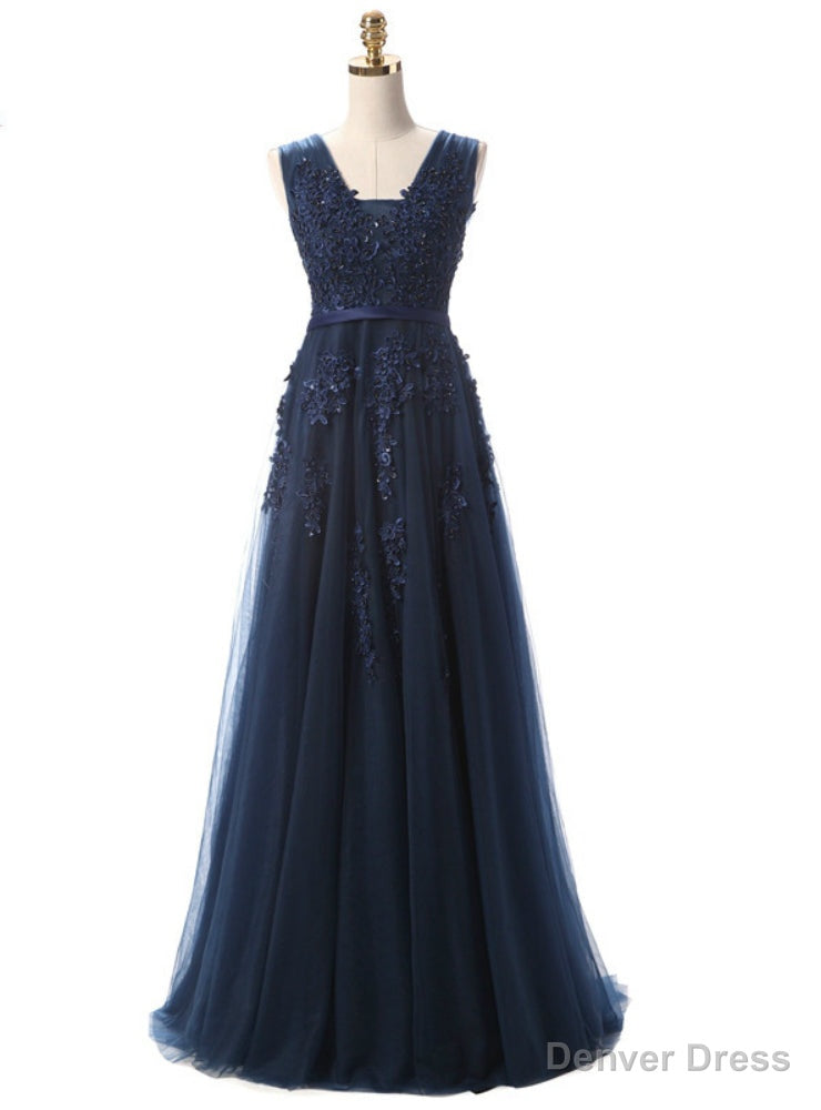 Navy Blue A Line V Neck Appliques Prom Dresses