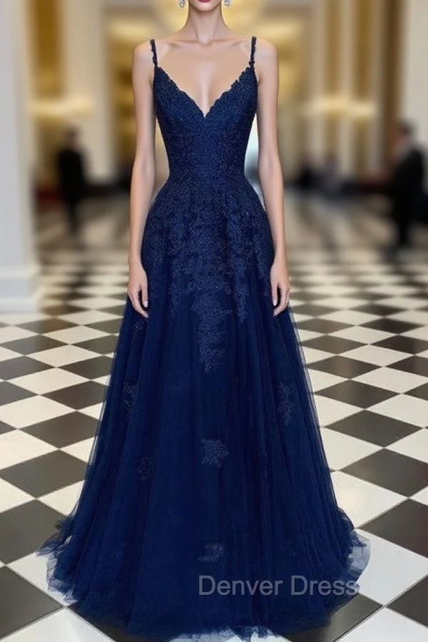 Navy Blue A-Line V-neck Floor-Length Chiffon Prom Dresses With Lace Sequins