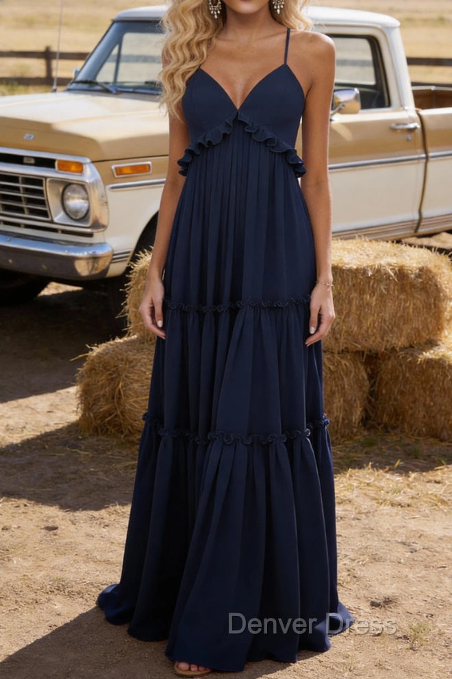 Navy Blue A-line V Neck Sleeveless Floor-Length Chiffon Prom Dress Long Prom Dresses Backless with Pleated Ruffles