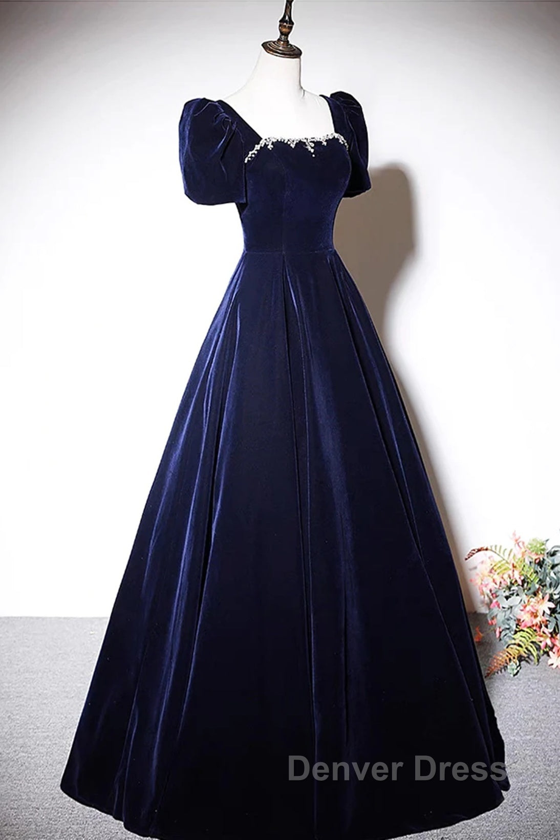 Navy Blue A-Line Velvet Long Evening Dresses, Short Sleeves Beaded Prom Dresses Secondary image