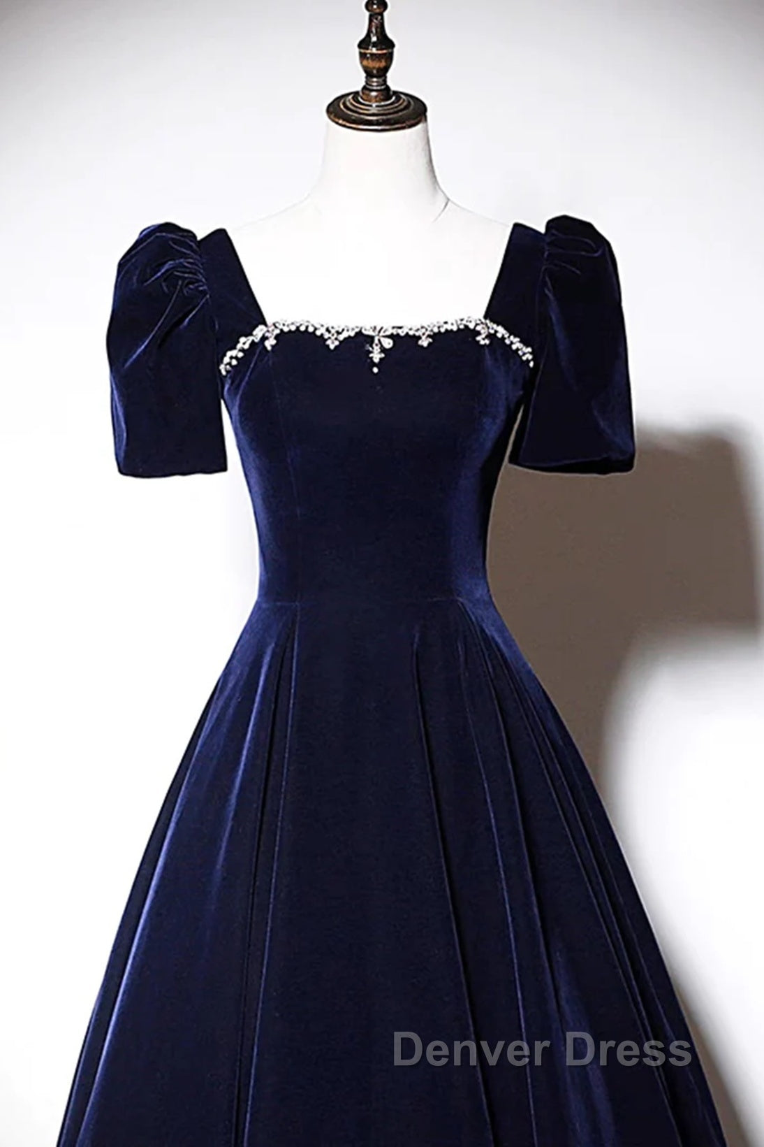 Navy Blue A-Line Velvet Long Evening Dresses, Short Sleeves Beaded Prom Dresses