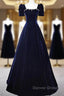 Navy Blue A-Line Velvet Long Evening Dresses, Short Sleeves Beaded Prom Dresses