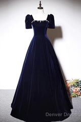 Navy Blue A-Line Velvet Long Evening Dress, Short Sleeves Beaded Prom Dress