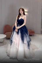 Navy Blue And Ivory Tulle Sweetheart Formal Dress, Layers Tulle Prom Dress