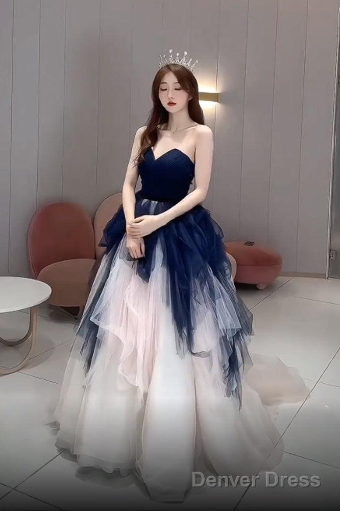 Navy Blue And Ivory Tulle Sweetheart Formal Dress, Layers Tulle Prom Dress