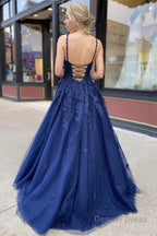 Navy Blue Appliques Long Prom Dress