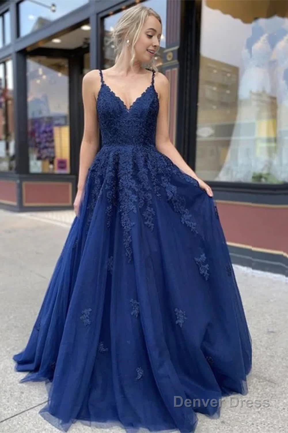 Navy Blue Appliques Long Prom Dress Main image