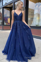 Navy Blue Appliques Long Prom Dress