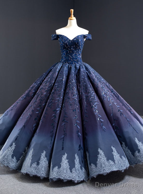Navy Blue Ball Gowns Leaf Appliques Beading Prom Dresses