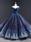 Navy Blue Ball Gowns Leaf Appliques Beading Prom Dresses