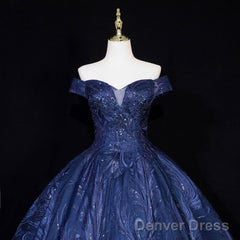 Navy Blue Ball Gown Long Formal Dress, Off Shoulder Navy Blue Party Dress