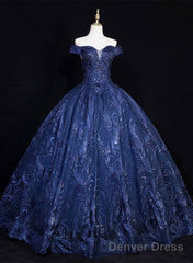Navy Blue Ball Gown Long Formal Dress, Off Shoulder Navy Blue Party Dress