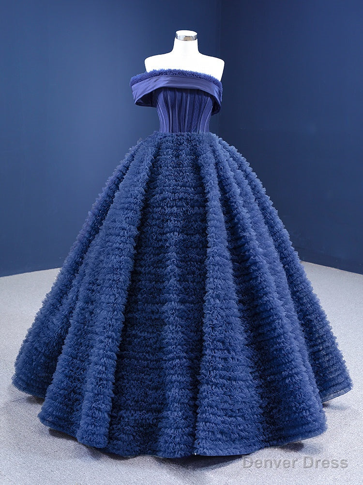 Navy Blue Ball Gowns Tulle Strapless Prom Dresses