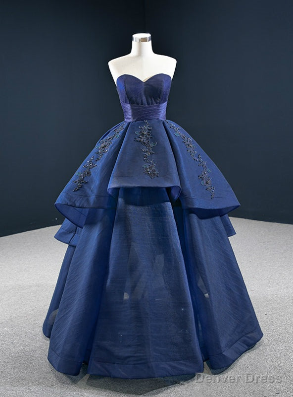 Navy Blue Ball Gowns Tulle Sweetheart Appliques Beading Prom Dresses