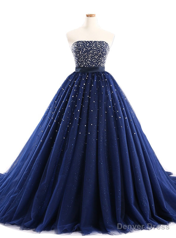 Navy Blue Ball Gowns Tulle Sweetheart With Beaded Bodice Prom Dresses