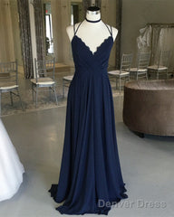 Navy Blue Chiffon Backless Bridesmaid Long Dresses Lace Appliques