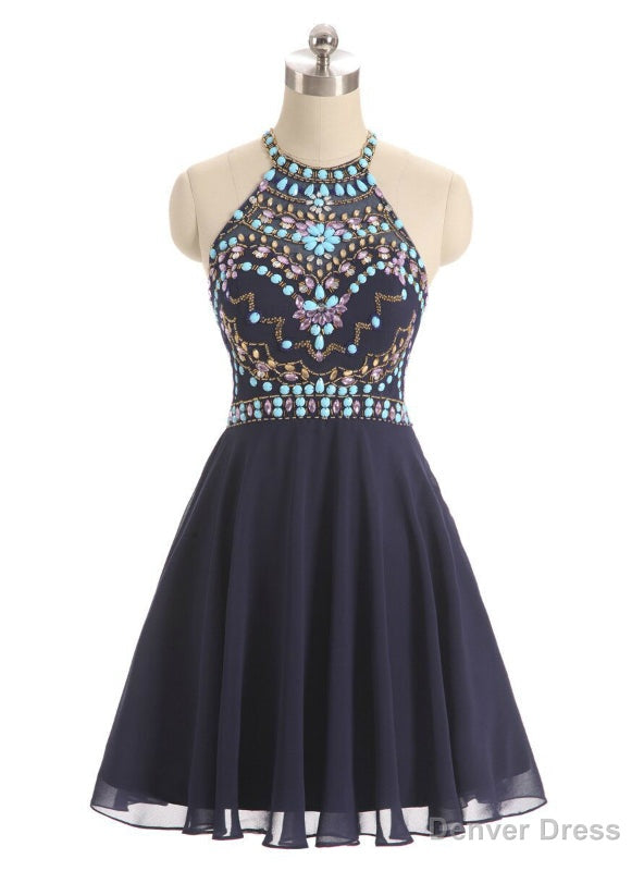Navy Blue Chiffon Beading Halter Short Dresses