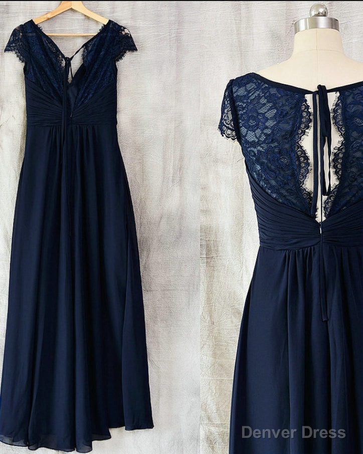 Navy Blue Chiffon with Lace A-line Long Bridesmaid Dress, Wedding Party Dress Secondary image