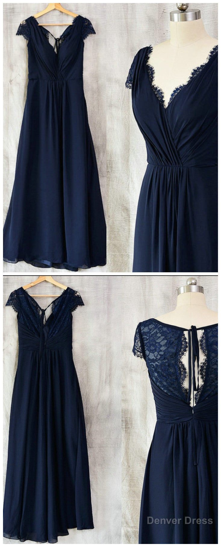 Navy Blue Chiffon with Lace A-line Long Bridesmaid Dress, Wedding Party Dress Main image