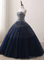 Navy Blue Crystals Tulle Beaded Sweetheart Ball Gowns Quinceanera Dresses