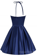 Navy Blue Cute Halter Satin Short Homecoming Dresses, Blue Prom Dresses Party Dresses