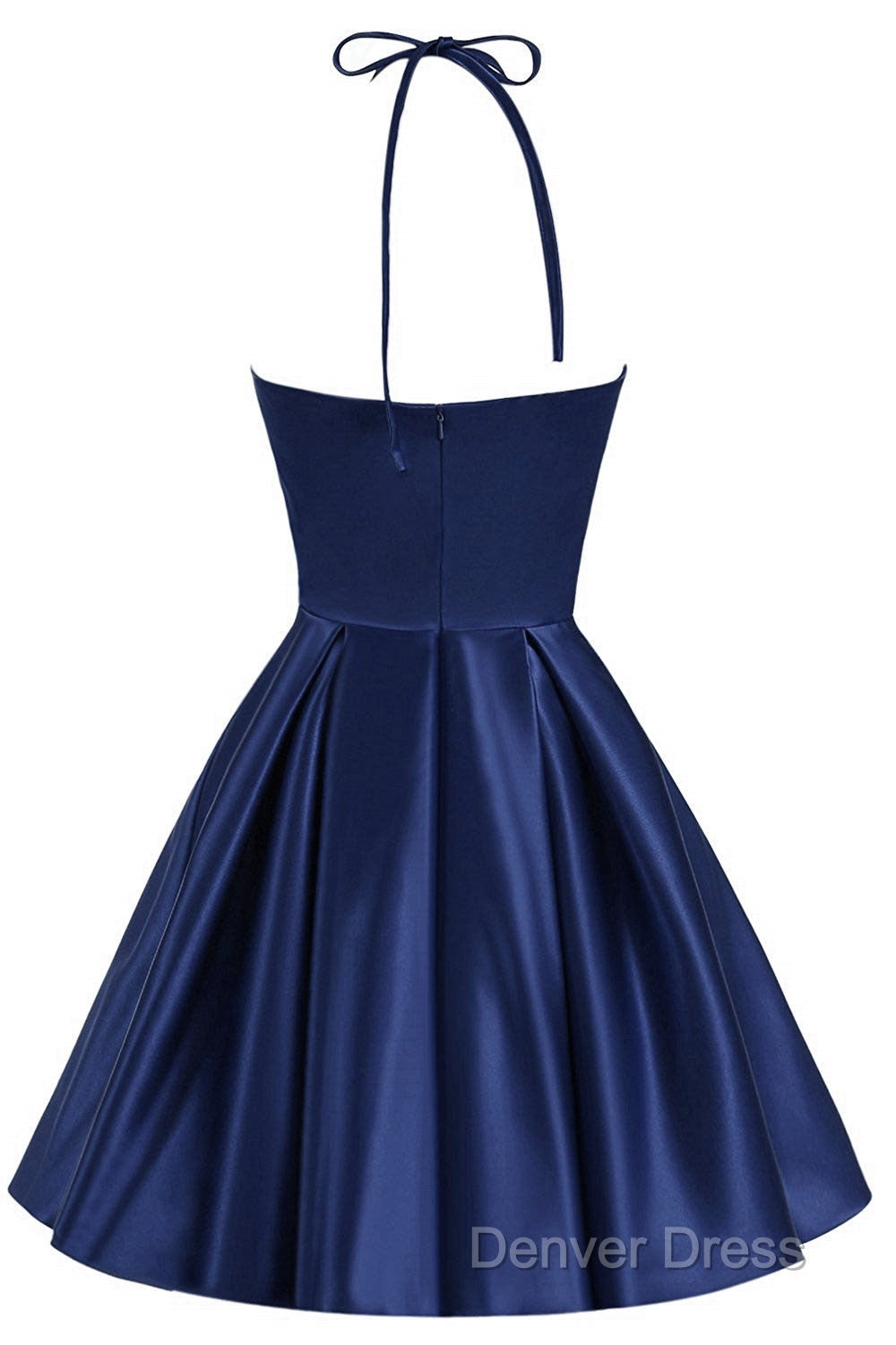 Navy Blue Cute Halter Satin Short Homecoming Dresses, Blue Prom Dresses Party Dresses