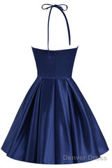 Navy Blue Cute Halter Satin Short Homecoming Dress, Blue Prom Dress Party Dress