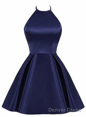 Navy Blue Cute Halter Satin Short Homecoming Dress, Blue Prom Dress Party Dress