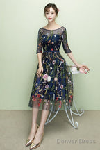 Navy Blue Floral Lace Short Bridesmaid Dress, Cute Blue Homecoming Dress Prom Dresses
