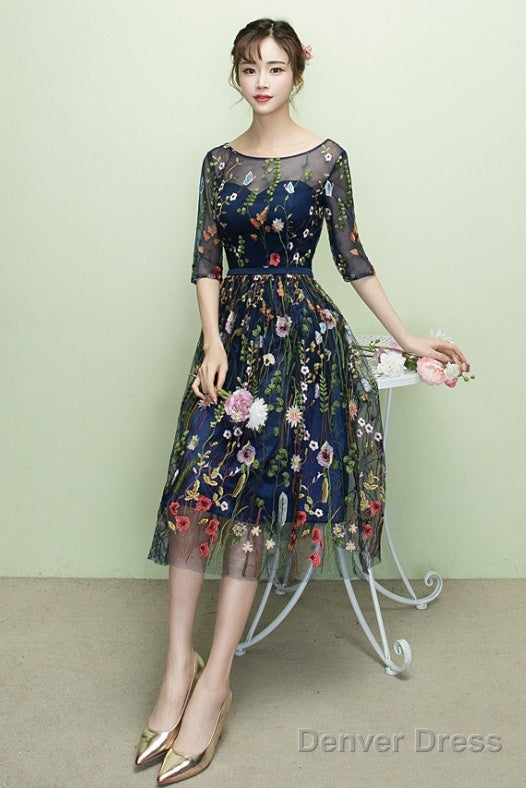 Navy Blue Floral Lace Short Bridesmaid Dress, Cute Blue Homecoming Dress Prom Dresses