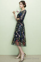 Navy Blue Floral Lace Short Bridesmaid Dresses, Cute Blue Homecoming Dress Prom Dress